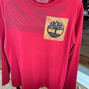 Timberland Red Long-Sleeve Tee with Tree Logo Graphic EUC